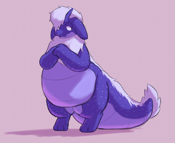 drawing of my dragon sona, nebula. they have no wings, slightly different proportions, and floppy ears; all features reminiscent of a kobold